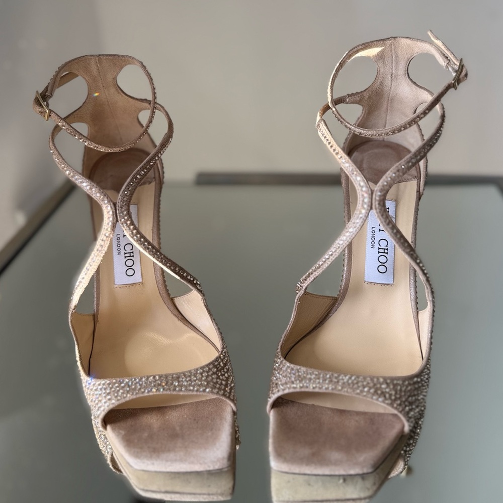 Like new JIMMY CHOO Azia 95 Honey Gold Suede Sandals with Crystals 37.5 $2,495 - Picture 10 of 17